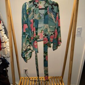 Vibrant Pink and Green Floral Kimono with Flowing Sleeves